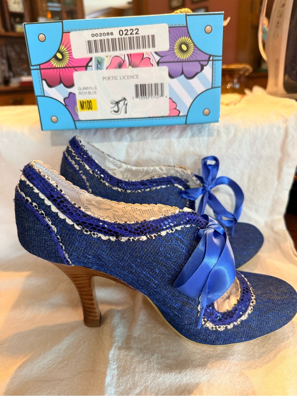 Poetic License Rich Blue Satin Bow Denim-Style Heels